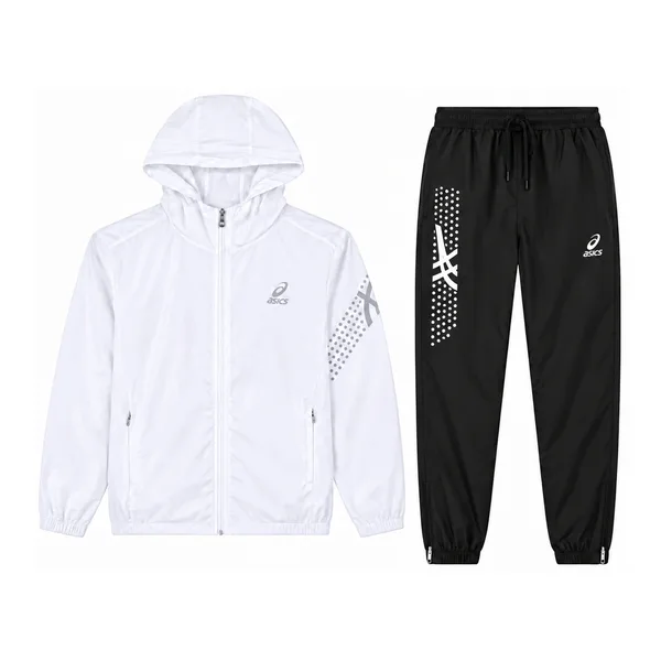 Asics Ensemble coupe-vent à capuche + pantalon – Blanc / noir